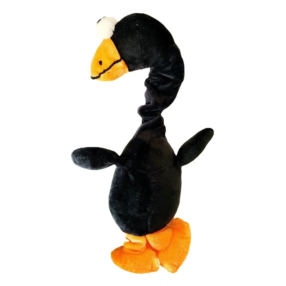 Black plush chicken dog toy with orange beak and feet shown against white background