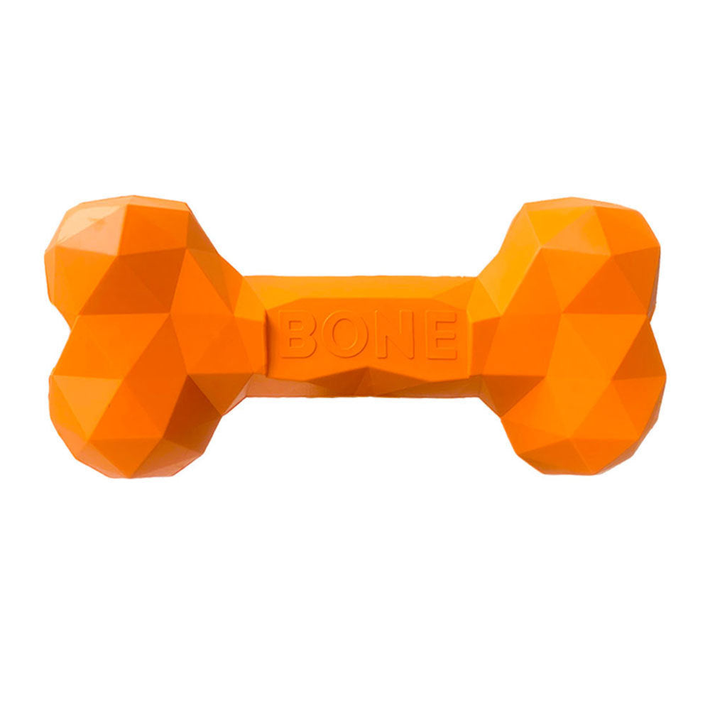 Orange geometric rubber dog bone toy with BONE logo on white background