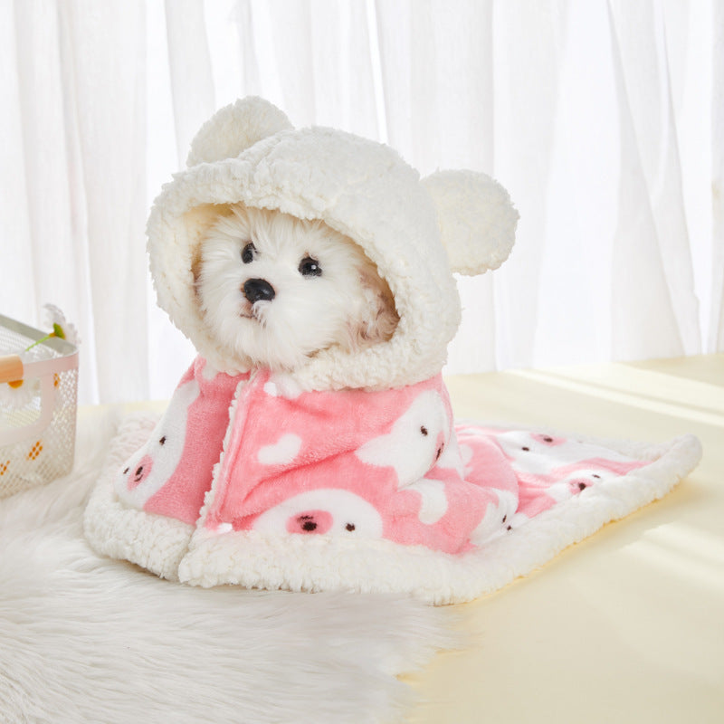 Small white dog wearing pink flannel hooded shawl with bear ears and heart prints