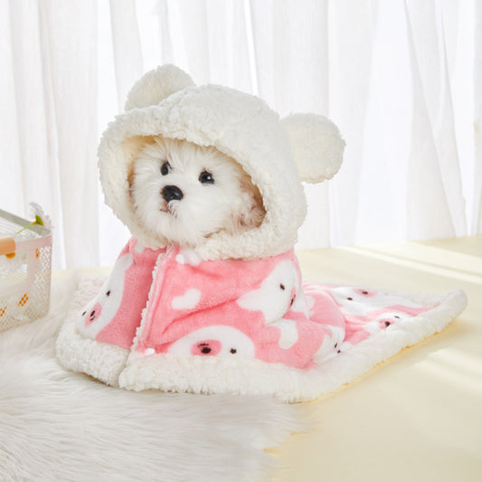 Small white dog wearing pink flannel hooded shawl with bear ears and heart prints