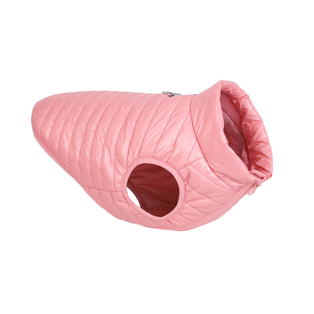 Pink padded nylon quilted dog jacket with sleeve holes and a zipper collar laid flat
