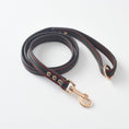 Load image into Gallery viewer, Coiled brown PU leather dog leash with rose gold clasp on white background
