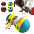 Load image into Gallery viewer, Two dog food dispensing toys in red/black and teal/yellow colors with central transparent compartments filled with dog treats
