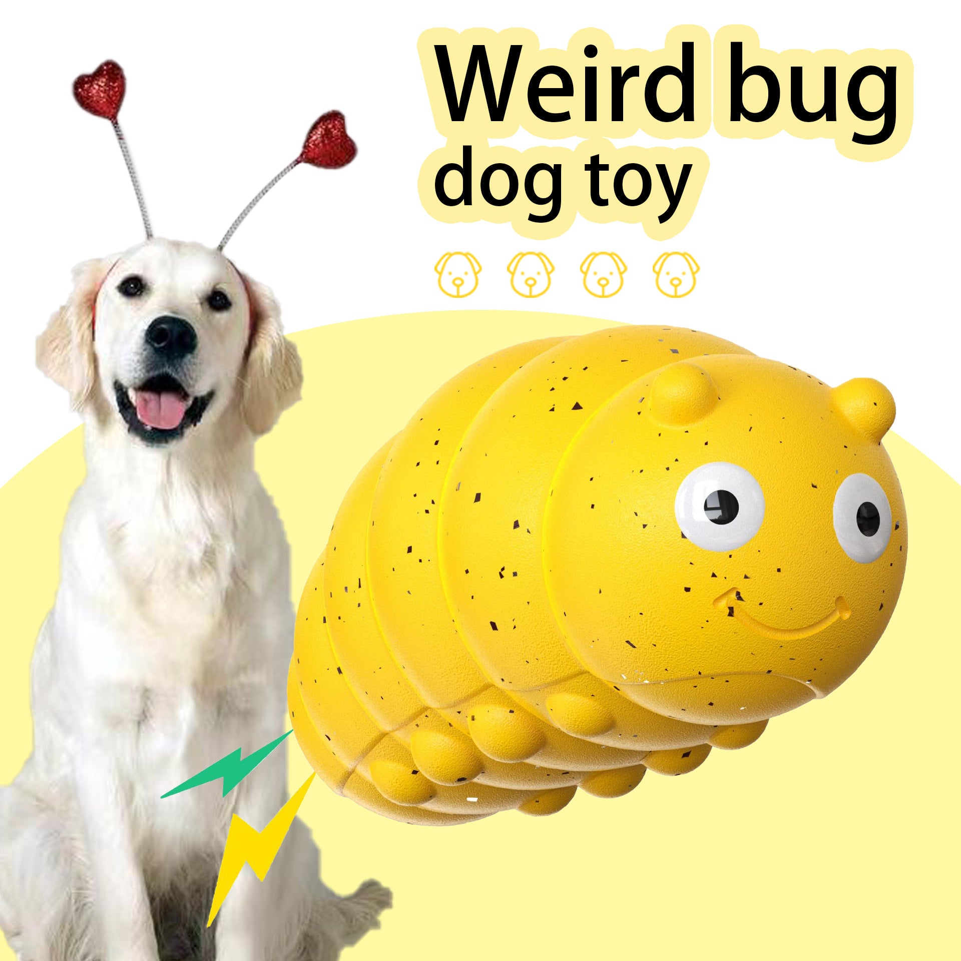 Golden retriever wearing red heart antenna headband sitting beside bright yellow bug dog toy  
