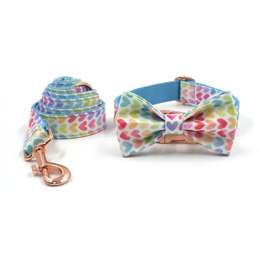 Dog collar with colorful heart print and matching leash set with rose gold hardware