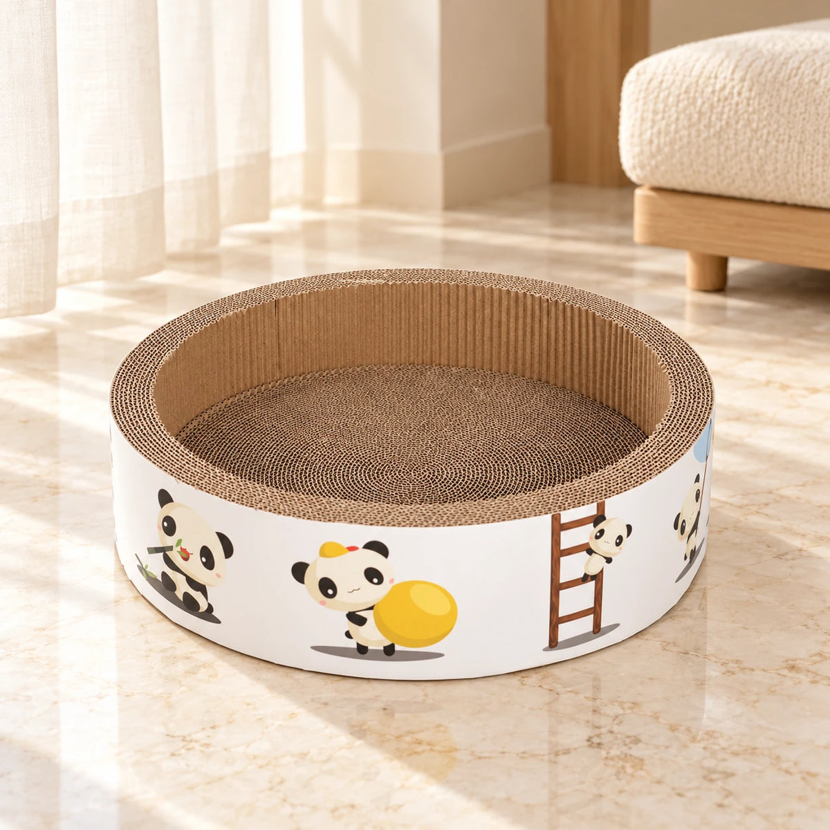 White panda-print cat scratcher bowl on a marble floor in a cream interior
