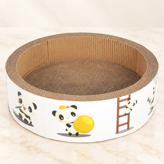 White panda-print corrugated cardboard cat scratcher bowl on ivory marble
