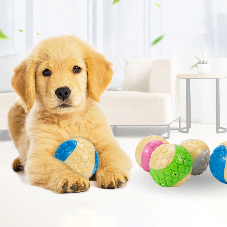 Golden retriever puppy lying indoors holding blue and beige textured chew ball