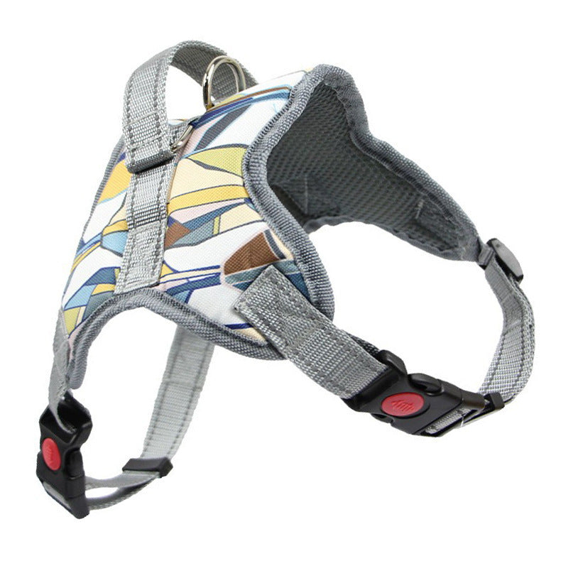 Grey dog harness with pastel geometric pattern and adjustable straps