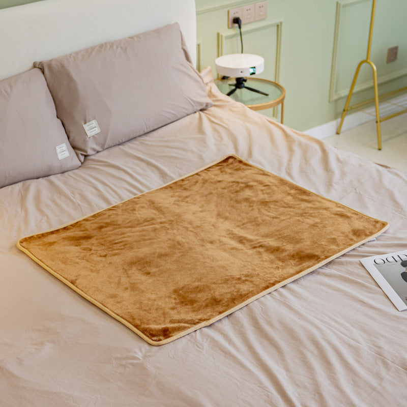 Camel coffee colored plush pet blanket spread flat on a beige bed without pet