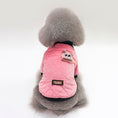 Load image into Gallery viewer, Gray fluffy dog seen from back wearing soft pink quilted jacket with black knit collar and cute animal patch
