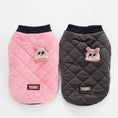 Load image into Gallery viewer, Front view of pink and charcoal gray quilted dog jackets with button closure displayed side by side on mannequins
