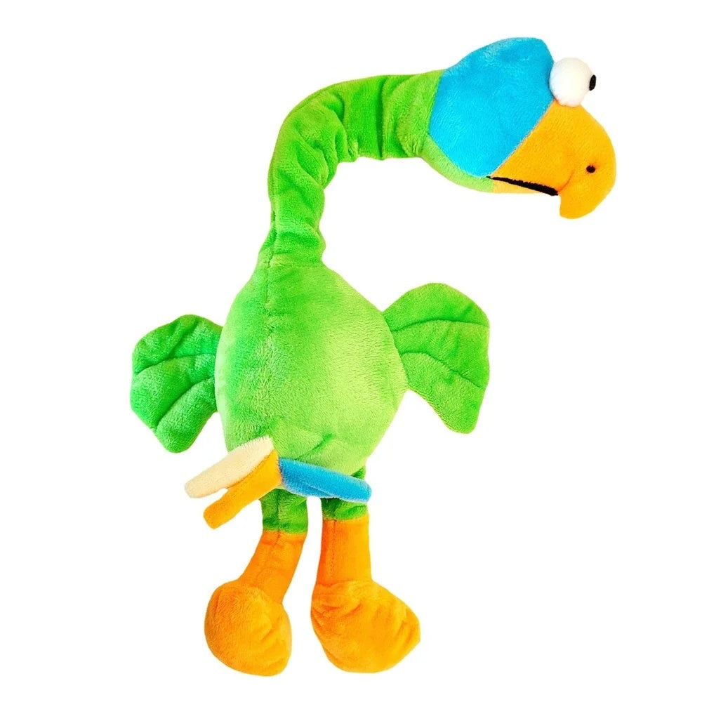Bright green plush chicken dog toy with blue and orange accents shown against white background