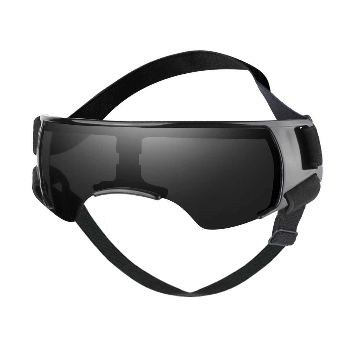 Close up of black dog goggles with adjustable strap