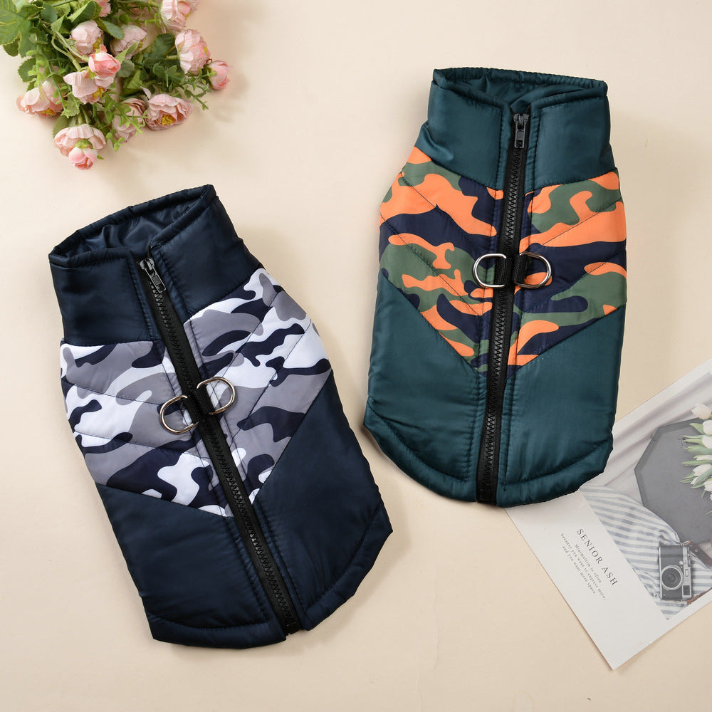 Two padded dog jackets shown side by side, one green/orange camo and one black/white camo
