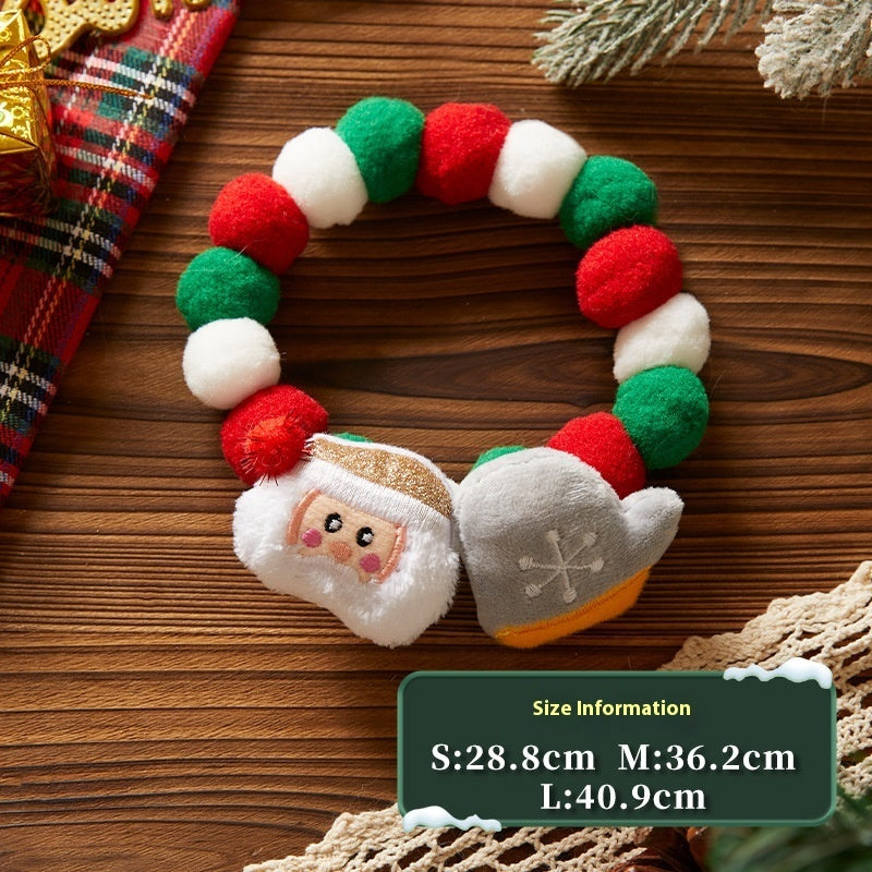 Plush Christmas collar with red and green felt balls featuring a Santa Claus face and a snowflake mitten plush ornament