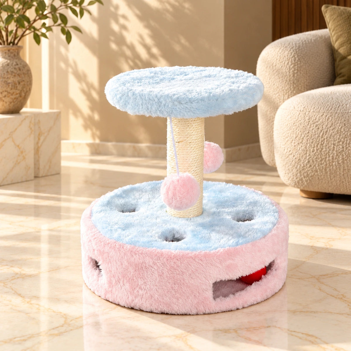 Blue and pink compact cat scratching post with sisal column, plush perch and play base on light ivory-beige marble.