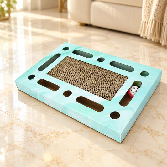 Rectangle mint corrugated cat scratcher on pale ivory marble