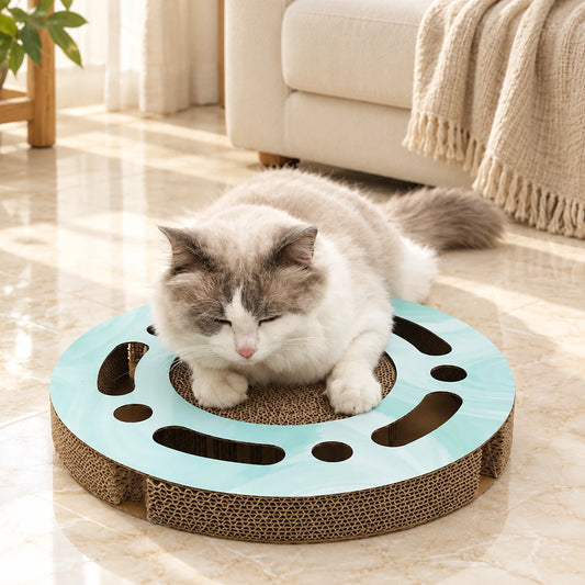 Round mint corrugated cat scratcher with a cat resting on the centre in a cream living room