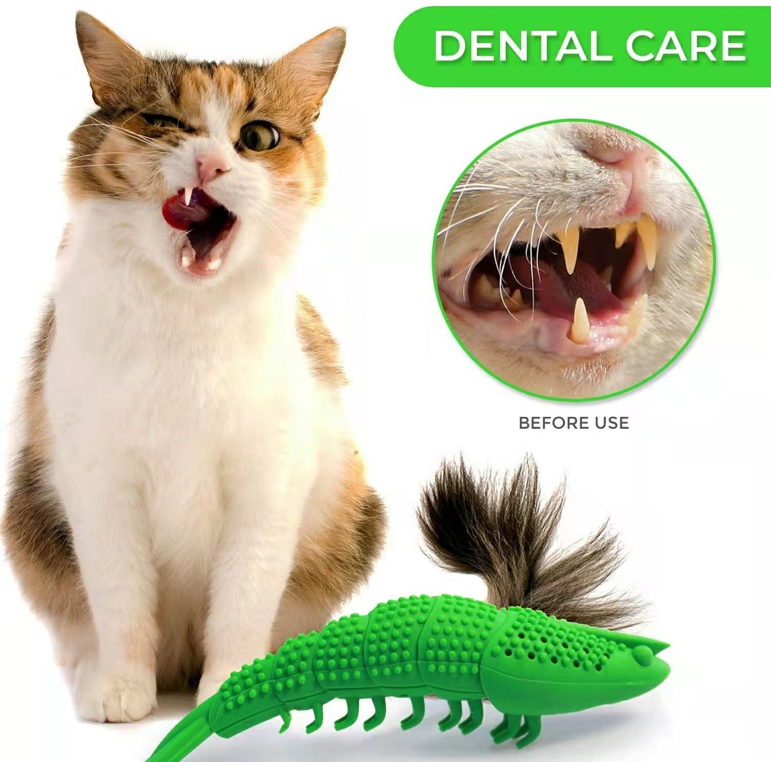 Calico cat sitting beside green lizard cat toy shown with inset 'before use' teeth image for dental care benefits