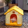 Cargar la imagen en la vista de la galería, Yellow plush pet house with egg pattern and small dog lying inside
