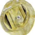 Load image into Gallery viewer, Top view of yellow breathable pet bucket hat with elastic strap labeled size S
