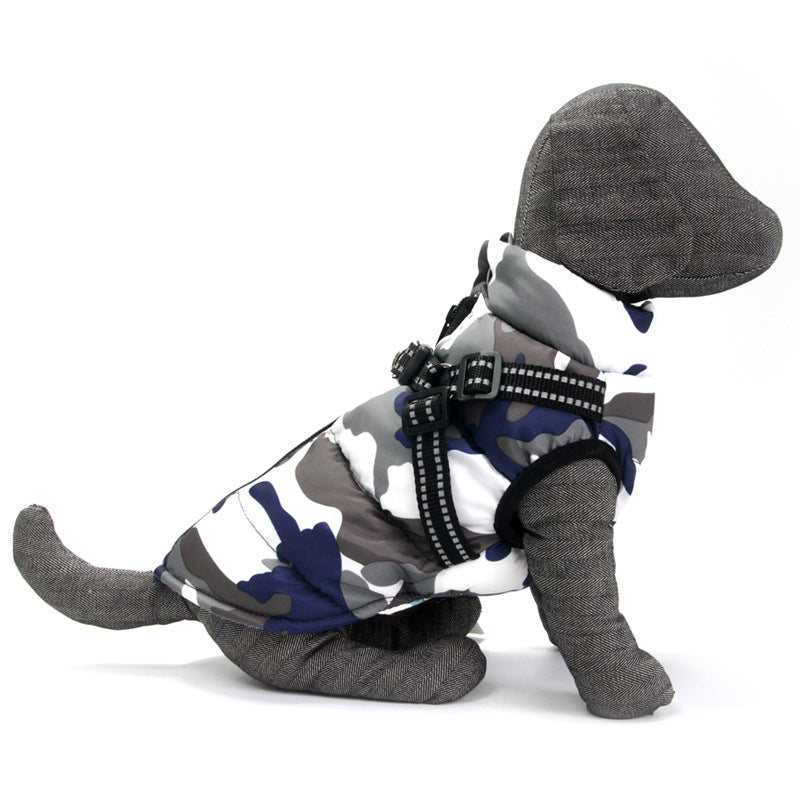 Grey and blue camouflage dog jacket on dog mannequin