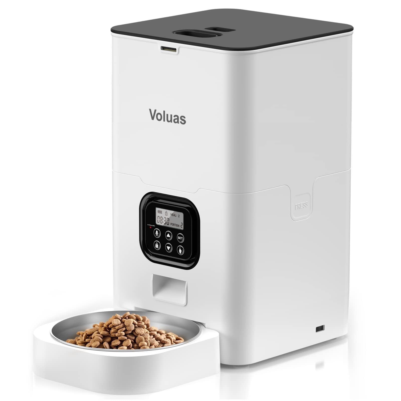 White automatic pet food feeder with digital control panel and removable stainless steel bowl filled with kibble