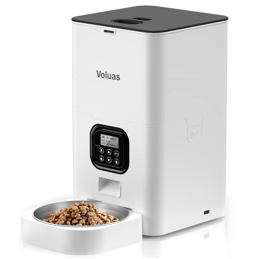 White automatic pet food feeder with digital control panel and removable stainless steel bowl filled with kibble