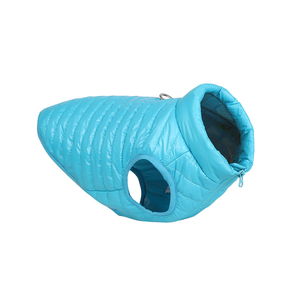 Light blue padded nylon quilted dog jacket with sleeve openings and back zipper displayed flat