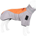 Load image into Gallery viewer, Mannequin dog model dressed in gray and orange warm dog coat with reflective collar and leash ring
