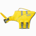 Load image into Gallery viewer, Detailed side view of yellow Hipidog-branded dog life jacket with gray straps, padded tail, and handle
