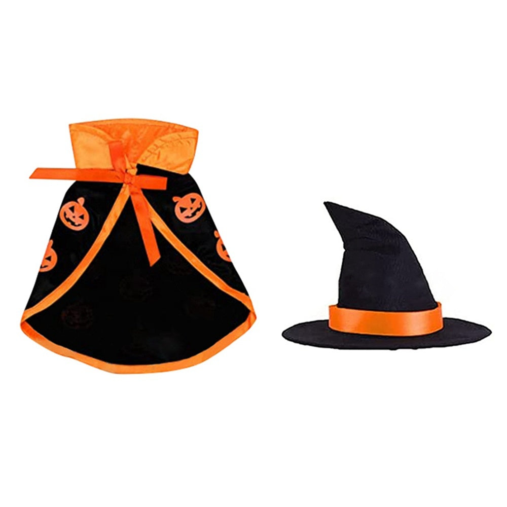 Halloween costume set showing black witch hat and pumpkin cape side by side on white background