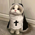 Cargar la imagen en la vista de la galería, Close-up of white and grey cat wearing a black and white nun costume with a black cross
