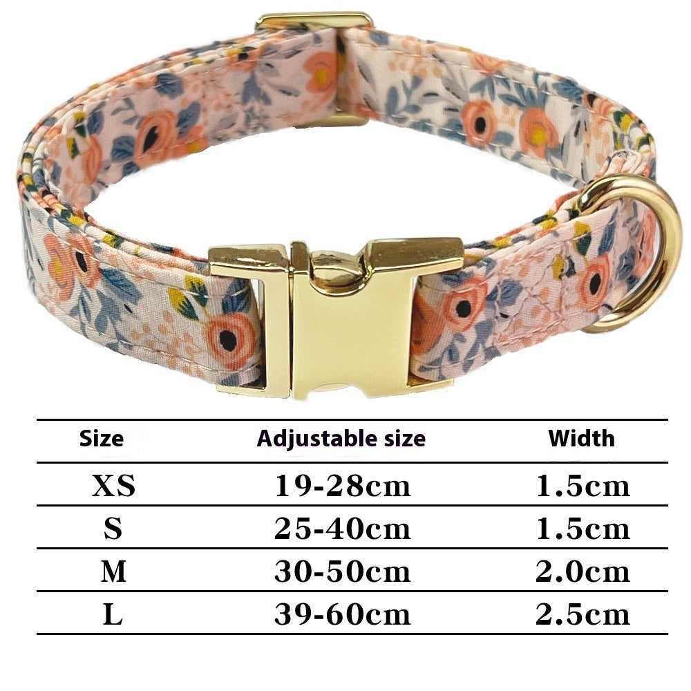 Peach floral dog collar with gold buckle and adjustable size chart