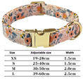 Load image into Gallery viewer, Peach floral dog collar with gold buckle and adjustable size chart

