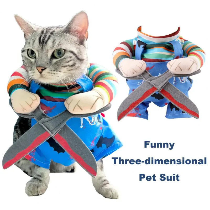 Cat dressed in scissor hands costume standing indoors with bright lighting