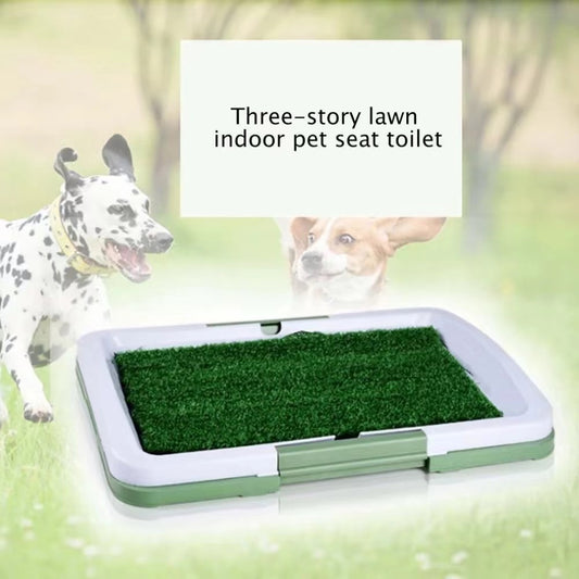 Three-story lawn indoor pet seat toilet with dogs in background