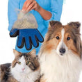 Load image into Gallery viewer, Blue pet grooming glove with rubber tips removing pet hair near a cat and dog
