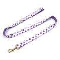 Load image into Gallery viewer, Full view of purple polka dot leash with gold clasp and handle loop
