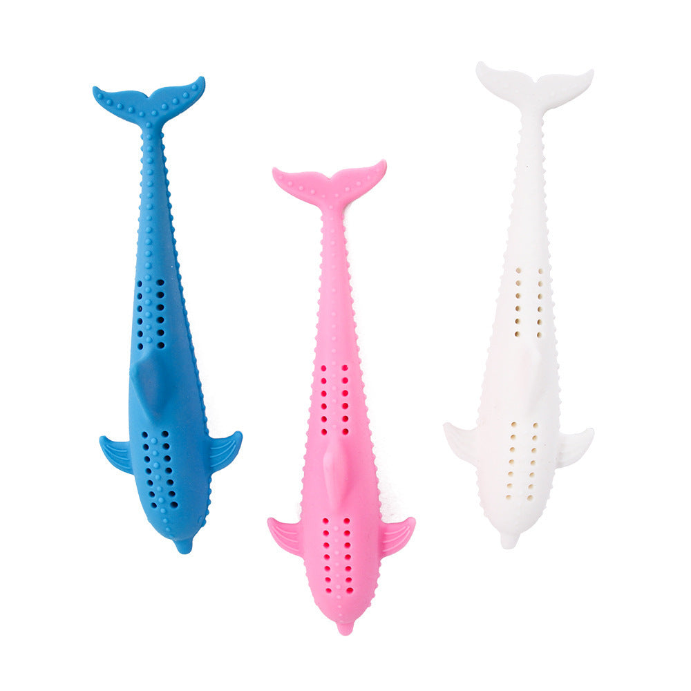 Top view of blue, pink, and white fish-shaped silicone cat molar sticks showing details and holes for catnip insertion