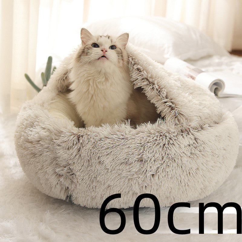 Cat sitting alert inside beige crystal velvet dome bed, size options 40cm and 60cm shown