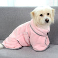 Load image into Gallery viewer, Small white dog wearing pink microfiber drying robe sitting on gray couch, close-up front view
