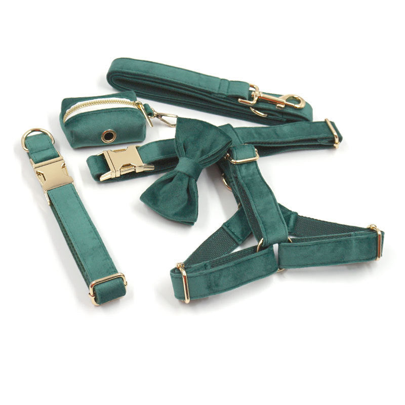 Green velvet dog collar, leash, harness, bowtie and waste bag holder set with gold hardware