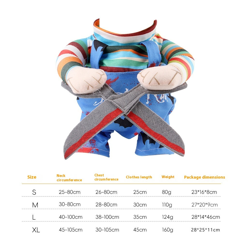 Size chart for the pet Halloween costume listing neck, chest circumference, clothes length, and weights