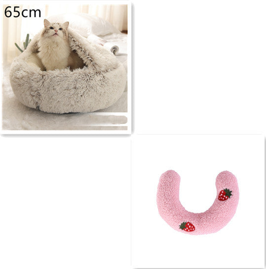 Beige dome bed 65cm with pink U-shaped pillow featuring strawberry embroidery