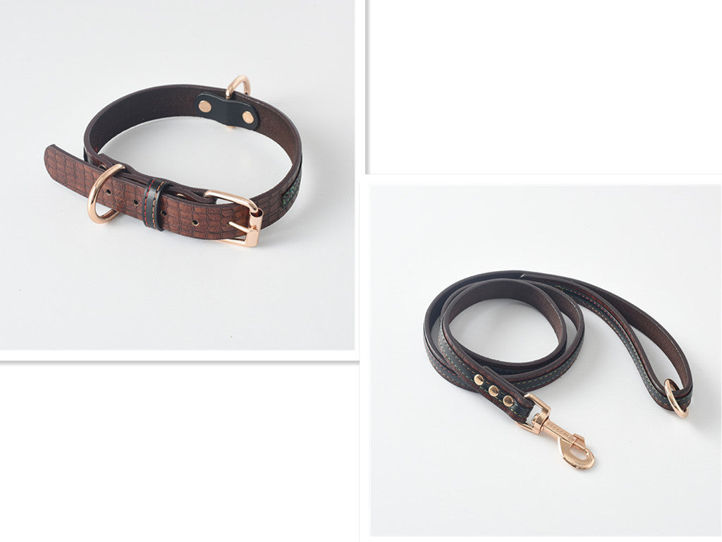 Brown PU leather dog collar with crocodile pattern and rose gold accents