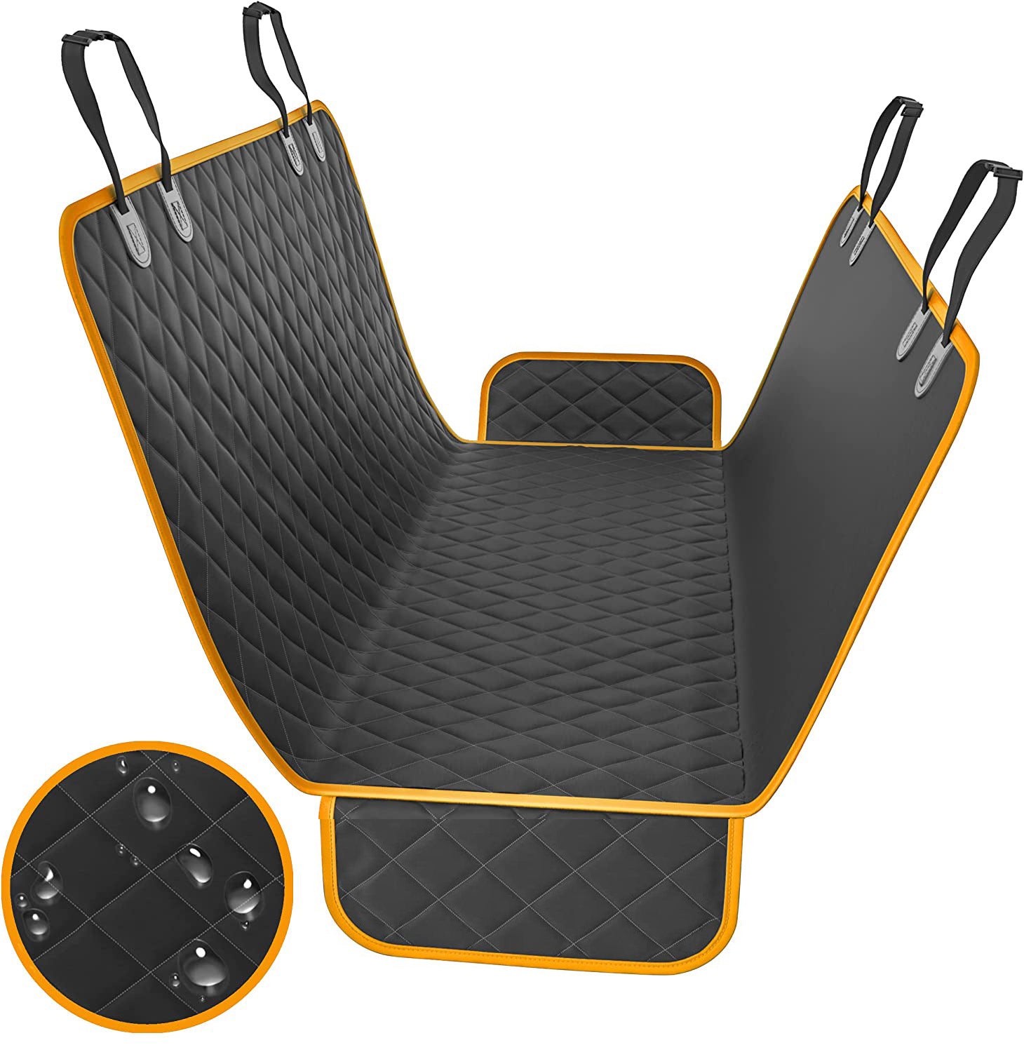 Orange trimmed waterproof dog car seat cover hammock hung with straps, shown flat with water droplet close-up