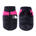 Charger l'image dans la visionneuse de la galerie, Front and back view of black and pink waterproof dog vest featuring padded insulation and leash D-rings
