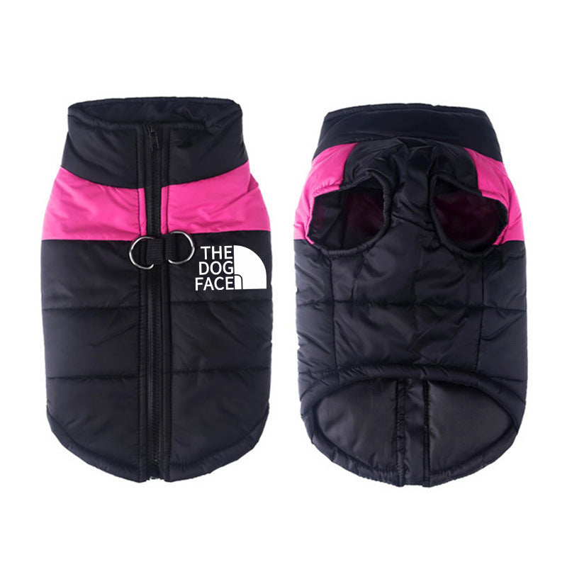 Front and back view of black and pink waterproof dog vest featuring padded insulation and leash D-rings